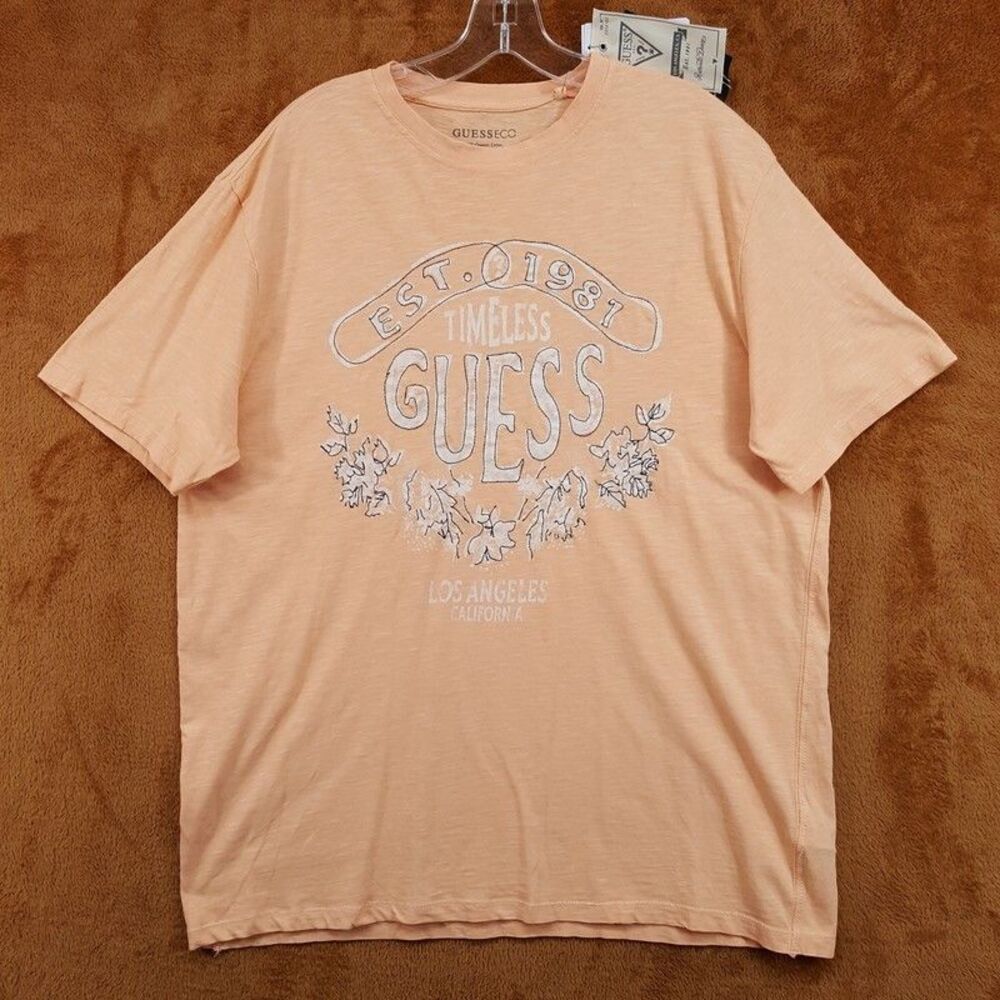 GUESS Shirt Mens Medium Peach Orange Pullover Crew Graphic Logo T-Shirt Organic